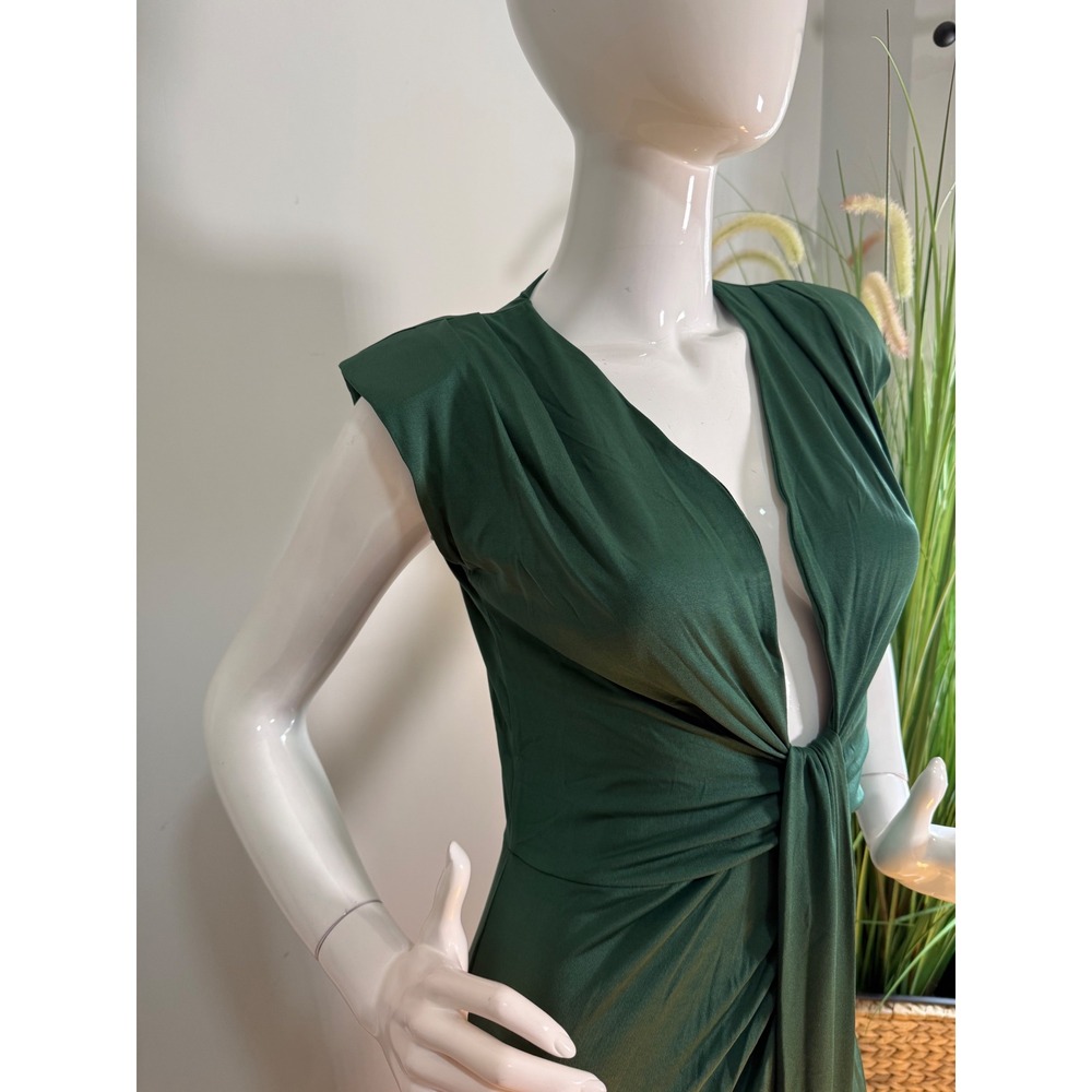 Micas Green Midi Dress Plunge Sleeveless Ruched Bodycon Party Cocktail Dress Xl - Picture 7 of 12